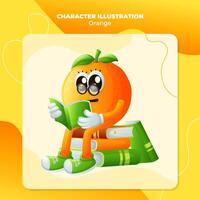 mignonne Orange personnage portant des lunettes et en train de lire une livre vecteur