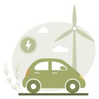 vert électrique auto. écologique mise en charge en utilisant éco énergie de Moulins à vent. vert environnement concept vecteur