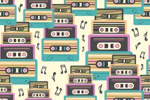 cassette sans couture modèle. rétro l'audio cassettes avec Remarques. vieux école concept. la musique Contexte. répéter texture ornement dans années 90, années 80, Années 70 style. illustration pour emballage, fond d'écran, textile vecteur