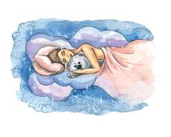 aquarelle illustration de une en train de dormir fille dans le des nuages avec une doux ours en dessous de le couverture. une doux, sucré esquisser. pour conception, décoration, affiche. cartes postales, impressions, illustrations. vecteur