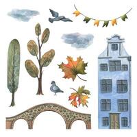 ancien européen Maisons sont coloré, avec l'automne des arbres et feuilles, pierre des ponts et lanternes. main tiré aquarelle illustration. ensemble de objets isolé de le Contexte vecteur