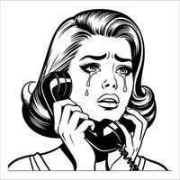 ancien rétro pop art femme pleurs sur le téléphone ligne art bande dessinée noir et blanc 05 vecteur