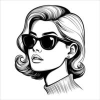 ancien rétro femme portant des lunettes de soleil ligne art bande dessinée noir et blanc 04 vecteur