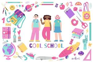 cool école bannière, camarades de classe des gamins personnages, dessin animé style. rond Cadre avec mignonne papeterie et art fournitures, brillant pastel couleur. branché moderne illustration isolé sur blanc, plat vecteur