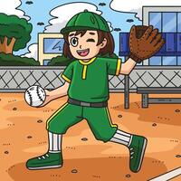 base-ball fille lanceur coloré dessin animé illustration vecteur