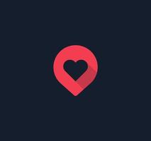 bouton d'épingle rouge avec icône plate de coeur, pointeur de carte, lieux préférés. pointeur d'amour, service de rencontres, concept de logo de service de recherche d'amour. conception minimale de vecteur isolé