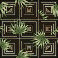 motif géométrique sans soudure de vecteur avec des feuilles de palmier vert sur fond noir avec une texture dorée. répéter la toile de fond tropicale. fond d'écran de jungle exotique à la mode.
