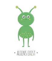 illustration extraterrestre de vecteur pour les enfants. image plate lumineuse et mignonne de créature extraterrestre verte isolée sur fond blanc. notion d'espace.