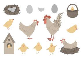 ensemble d'images vectorielles de poule et coq drôles mignons avec petits poussins, œufs, nid. illustration drôle de printemps ou de pâques. collection d'éléments de conception pour les vacances chrétiennes vecteur