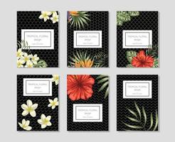 modèles floraux tropicaux avec des bouquets dessinés à la main de plumeria, d'hibiscus, de strelitzia, de monstera, de feuilles de palmier. parfait pour le design romantique, les bannières, les annonces, les cartes de voeux vecteur