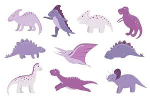 ensemble de vecteurs de dinosaures roses et violets mignons pour les enfants. personnages de dessins animés plats de dino. illustration mignonne de reptiles préhistoriques. vecteur