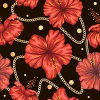 Vector seamless pattern de fleurs d'hibiscus rouges avec des confettis en feuille d'or et une chaîne sur fond noir. répéter la toile de fond tropicale. fond d'écran exotique de la jungle.