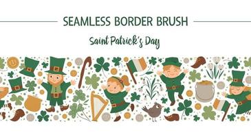 brosse de modèle sans couture de jour de saint patrick de vecteur. fond sur le thème des vacances irlandaises. répéter le lutin frontière, shamrock isolé sur fond blanc. vecteur