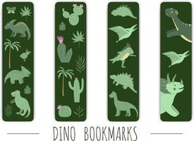 ensemble d'images vectorielles de signets mignons avec des dinosaures verts. modèles de papeterie verticaux doux pour les enfants. illustration drôle de reptiles préhistoriques pour les enfants vecteur