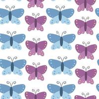 modèle sans couture de vecteur pour les enfants. fond plat de dessin animé avec des papillons. jolie illustration bleue et violette.