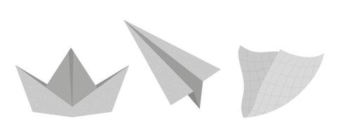 illustration vectorielle à plat du bateau en papier, de l'avion et de la serviette. clipart origami texturé à la mode isolé sur fond blanc. vecteur