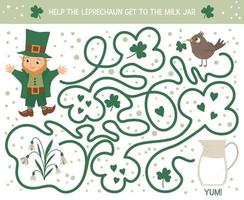 labyrinthe de la saint patrick pour les enfants. activité de vacances irlandaises préscolaires. jeu de puzzle de printemps avec un elfe mignon, un oiseau, une fleur. aidez le lutin à atteindre le pot de lait. vecteur