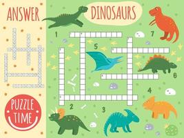 mots croisés de dinosaure de vecteur. quiz lumineux et coloré pour les enfants. activité de puzzle avec ptérodactyle, stégosaure, tyrannosaure, parasaurolophus, tricératops, protoceratops, diplodocus, t-rex. vecteur