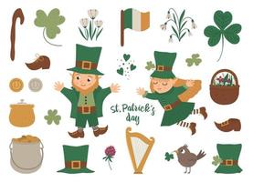 ensemble de vecteurs de st. symboles du jour de patrick. icônes de la fête nationale irlandaise isolés sur fond blanc. joli lutin plat drôle en vêtements verts avec trèfle et objets traditionnels. vecteur
