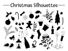 ensemble de vecteurs de silhouettes d'objets de Noël. pochoir des éléments du nouvel an. arbre de noël dessiné à la main, décorations, gui, brindilles, bonbons, cadeau. clipart de symboles de vacances d'hiver
