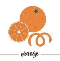 vecteur orange avec tranche et zeste isolé sur fond blanc. illustration drôle mignonne du symbole du nouvel an. image de fruits traditionnels de style plat de noël pour les décorations ou le design.