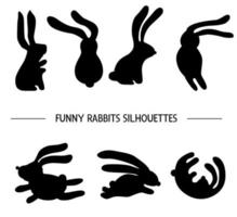 ensemble de vecteurs de silhouettes de lapins. illustration en noir et blanc de lièvres dans différentes poses. pochoirs drôles d'animaux mignons. vecteur