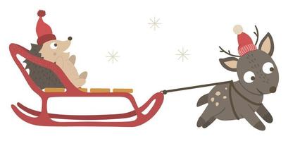 illustration vectorielle de hérisson en traîneau avec renne. animaux des bois mignons faisant des activités hivernales. personnages de forêt drôles avec traîneau. vecteur