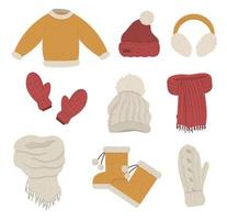ensemble de vêtements d'hiver. collection d'articles de vêtements vectoriels pour le temps froid. illustration plate de pull chaud tricoté, chapeaux, gants, écharpes, bottes. vecteur