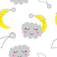 motif de ciel mignon. conception vectorielle continue avec sourire, lune endormie et nuages. modèle pour les enfants. dessiné à la main. vecteur