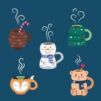 mignonne hiver des tasses avec chaud les boissons dans le forme de bonhomme de neige, Renard, Noël arbre, pin cône, ours jouet. vecteur