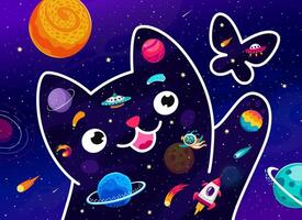 dessin animé espace chat ciselure une papillon dans galaxie vecteur