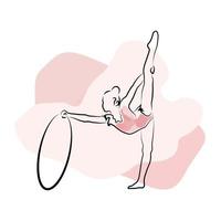 un dessin linéaire d'un gymnaste. la fille pratique la gymnastique avec un cerceau. sur un fond abstrait. dessin au trait vecteur