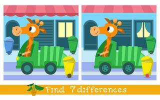 trouver sept différences. Jeu pour les enfants. carte avec mignonne dessin animé style personnage. girafe et des ordures camion. éducation pour enfants. préscolaire activité. illustration. vecteur