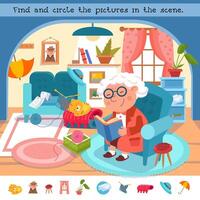 trouver le caché objets dans le photo. éducatif puzzle Jeu pour les enfants. mignonne dessin animé grand-mère avec une livre. Couleur illustration. scène pour conception. personnes âgées femme à sa maison. vecteur