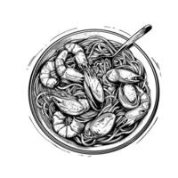 Pâtes et Fruit de mer. aliments. noir et blanc contour. illustration. vecteur