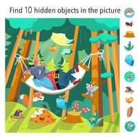 trouver dix caché objets dans photo. éducatif Jeu pour enfants. dessin animé sauvage sanglier sur hamac dans forêt. mignonne animal personnages dans plat style. plat illustration sur Contexte. scène pour conception vecteur