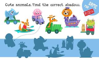 trouver le droite ombre. puzzle Jeu pour les enfants. mignonne dessin animé style personnages. animaux et isolé transport sur blanc Contexte. préscolaire activité. illustrations. vecteur