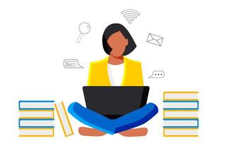 une mignon, déterminé femelle étudiant est assis avec une portable parmi livres et manuels. en ligne éducation concept. vecteur