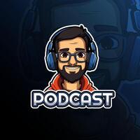 Podcast homme avec casque de musique mascotte logo conception pour badge, emblème, esport et T-shirt impression vecteur