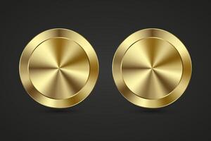 deux luxe réaliste brillant métal d'or cercle bague sur vert pousser Cliquez sur bouton pour site Internet, 2 abstrait badge éléments conception isolé sur noir Contexte vecteur