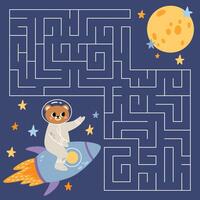 espace Labyrinthe Jeu pour enfants. mignonne ours sur une fusée à la recherche pour une façon à le planète. animal dans galaxie. imprimable feuille de travail. dessin animé illustration dans scandinave style. vecteur