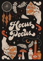 hocus pocus - main tiré caractères phrase. main tiré ancien affiche avec décoratif effrayant éléments, taro cartes, rêver receveur, la magie potions, feuilles, champignons. vecteur