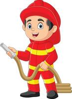 dessin animé sapeur pompier en portant une Feu tuyau vecteur