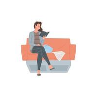 décontractée souriant femme en train de lire livre attendre quelque chose séance sur canapé à Publique endroit vecteur