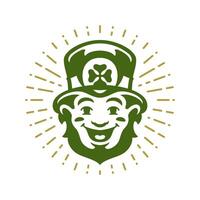 Saint patrick's journée en riant irlandais troll lutin chapeau avec vert trèfle ancien icône vecteur plat