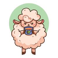 mignonne mouton avec une tasse de thé. thé pour relaxation. prêt à aller à lit dessin animé kawaii style. mouton mascotte pour cartes, affiches, paquet conception vecteur