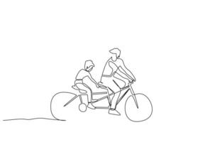 père fils peu garçon équitation une bicyclette ensemble amusement parc à l'extérieur mode de vie un ligne art conception vecteur