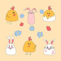 ensemble de Pâques personnages. mignonne Pâques lapin avec poulet et Oeuf pour impression sur enfants des produits, autocollants et livres. illustration. vecteur