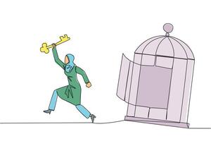 Célibataire un ligne dessin arabe femme d'affaires fonctionnement en dehors de cage en portant clé. le concept de liberté de quelque chose cette lie. liberté à avance entreprise. continu ligne conception graphique illustration vecteur