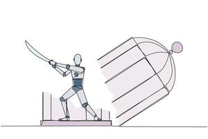 continu un ligne dessin intelligent robot piégé dans le cage détient samouraï. expression de colère plus de le limites cette manille. chercher liberté à tout coût. Célibataire ligne dessiner conception illustration vecteur